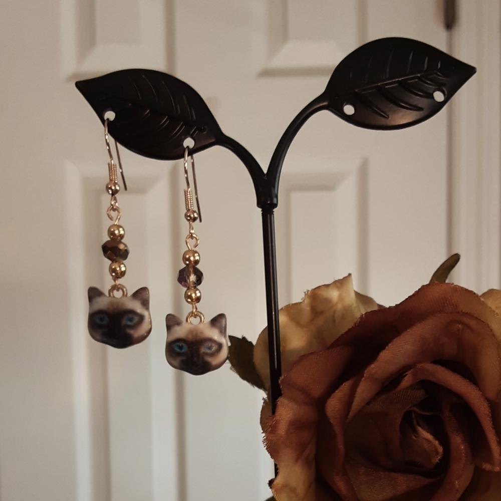Hand Crafted Siamese Cat Earrings Chocolate Brown Beads Pierced
